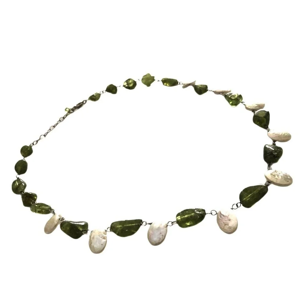 High Luster Freshwater Coin Pearl 17” + 2”extension Necklace Peridot Sterling